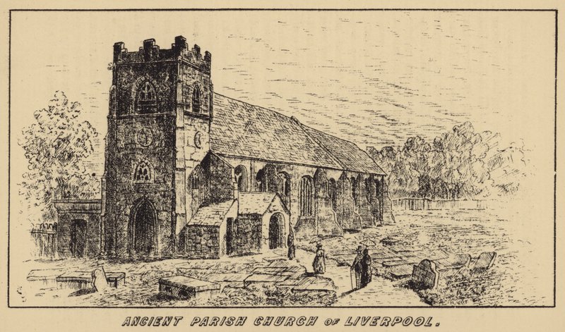 Alte Pfarrkirche von Liverpool (Gravur) von English School