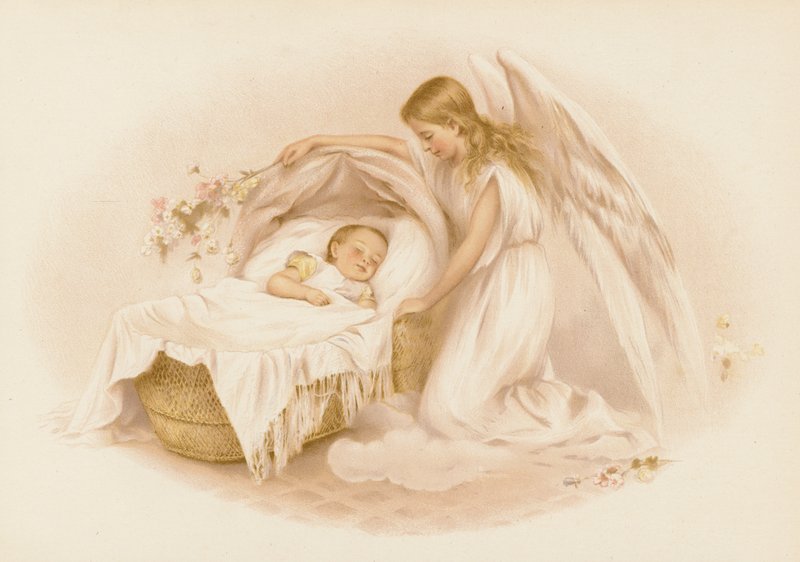Engel wachen über ein Baby von English School