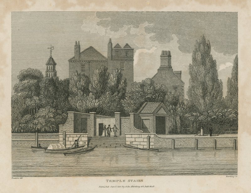 Boote auf dem Wasser bei den Temple Stairs von English School