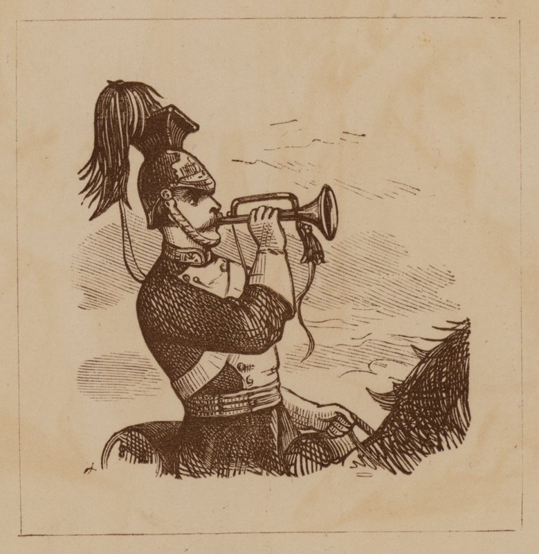 Kavalleriesoldat, der ein Signalhorn bläst von English School