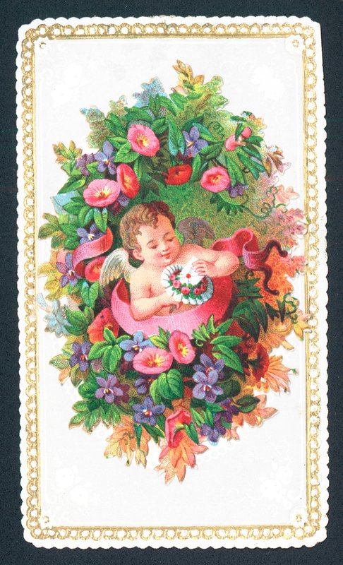 Cherub sitzt in Blumen, Weihnachtskarte von English School