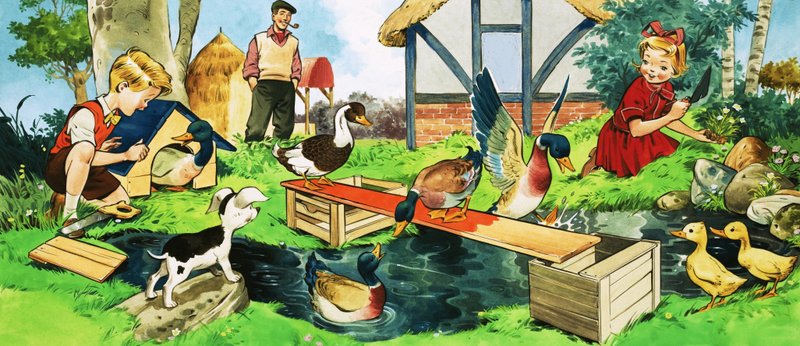 Kinder und Enten beim Spielen von English School