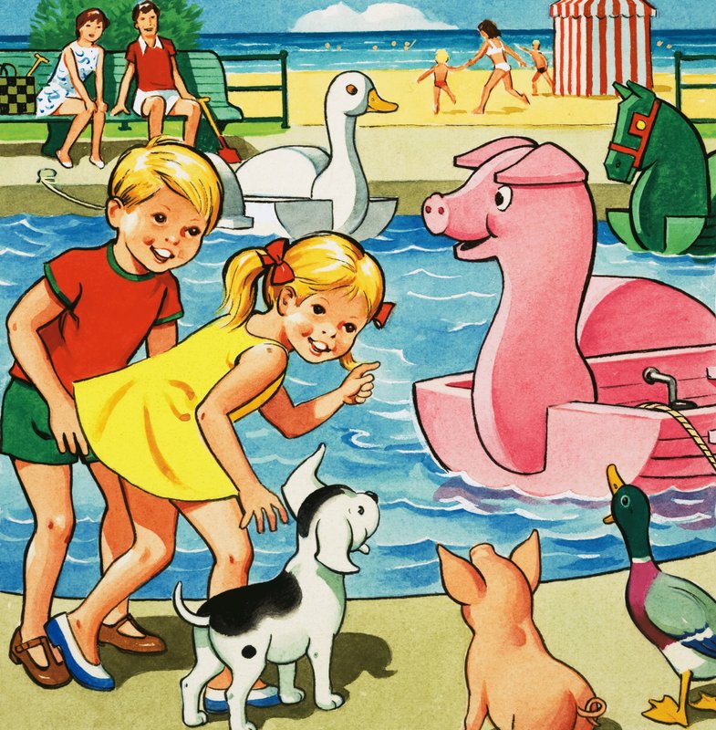 Kinder und Bauernhoftiere neben einem Tretbootteich von English School