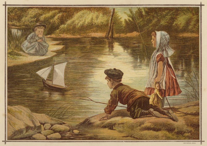 Kinder lassen ein Modellsegelboot zu Wasser von English School