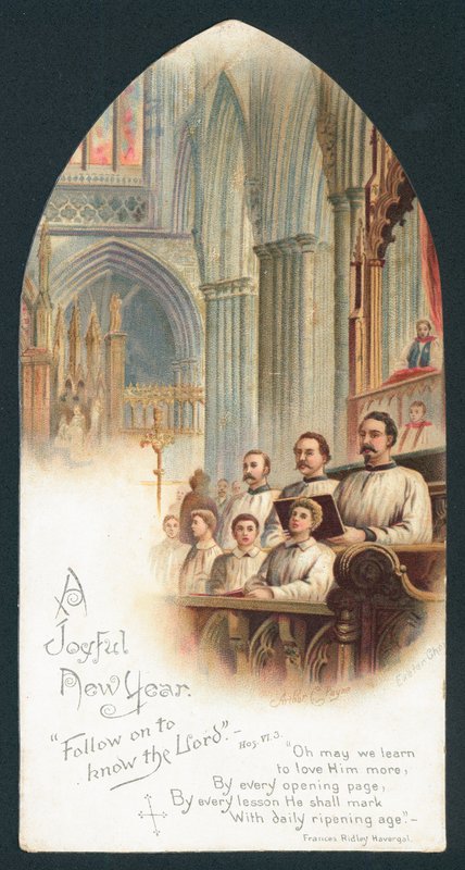 Chor singt in der Kirche, Neujahrskarte von English School