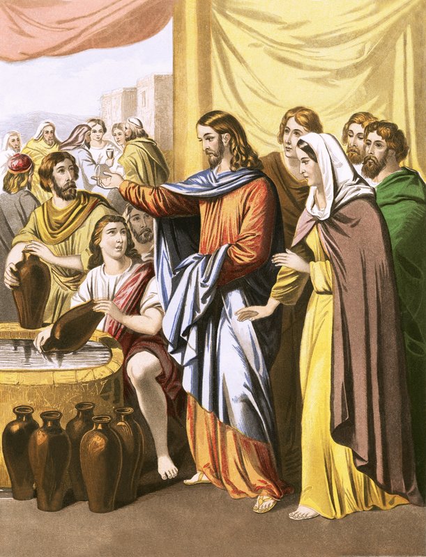Christus verwandelt Wasser in Wein von English School