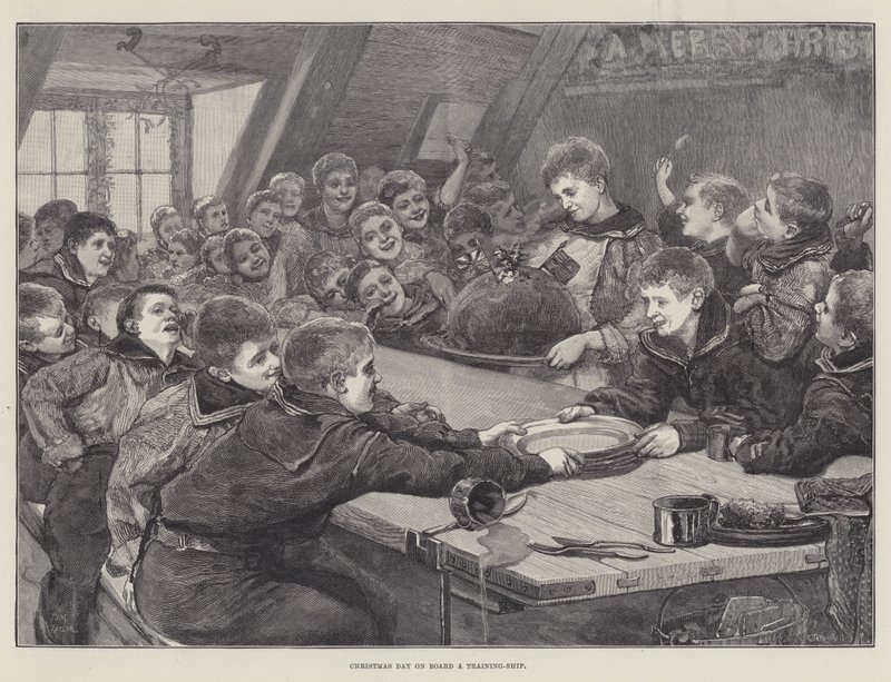 Weihnachtstag an Bord eines Ausbildungsschiffs (Gravur) von English School