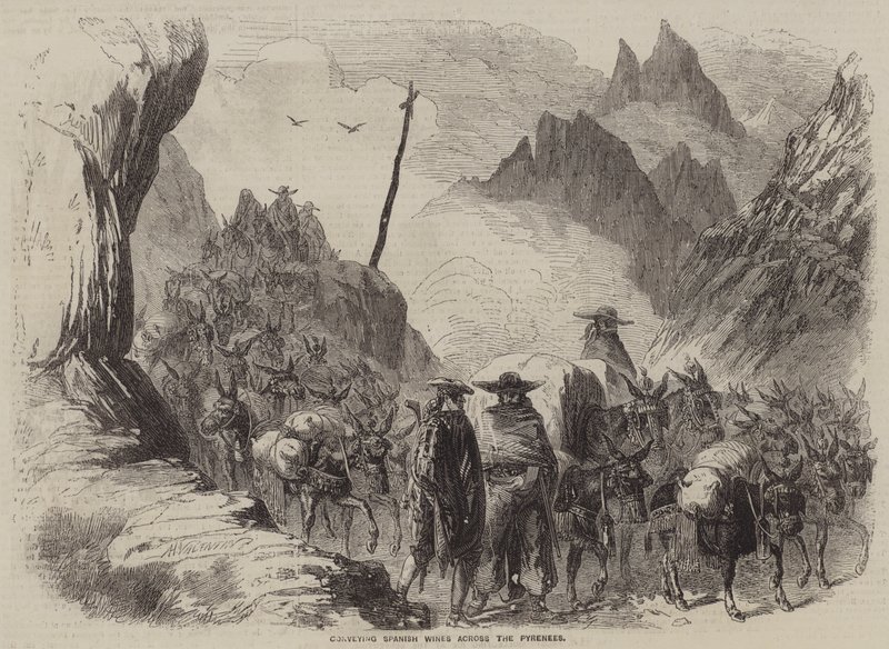 Transport spanischer Weine über die Pyrenäen (Gravur) von English School