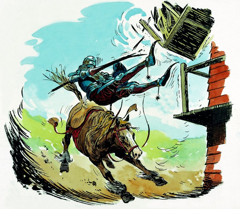 Don Quijote greift eine Windmühle an von English School