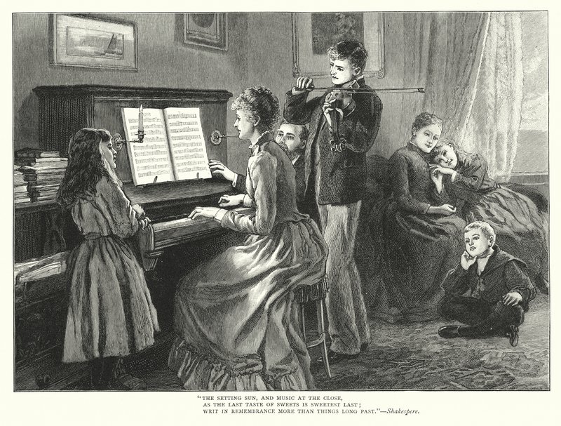 Familie spielt zusammen Musik (Gravur) von English School