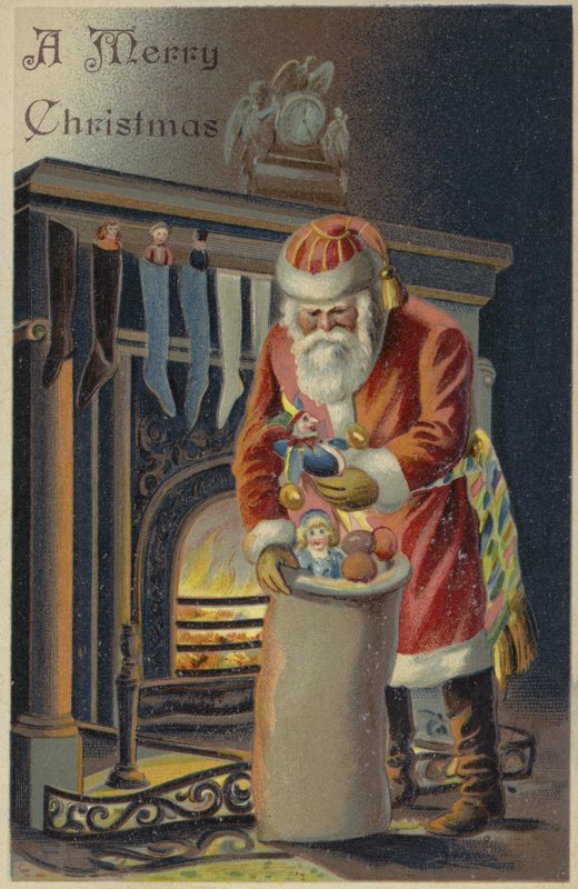Weihnachtsmann füllt Kinderstrümpfe von English School