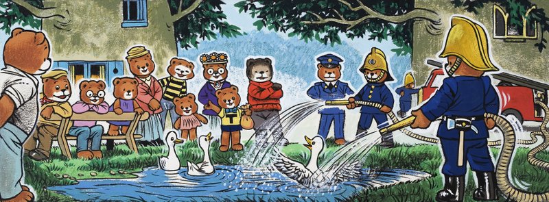 Feuerwehrleute spritzen Enten von English School