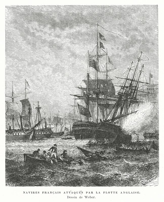 Französische Kriegsschiffe von einer britischen Flotte angegriffen von English School