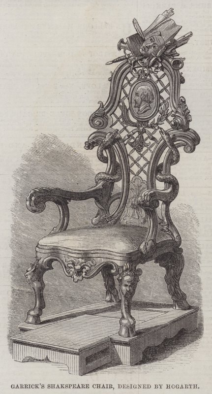 Garricks Shakespeare-Stuhl, entworfen von Hogarth (Stich) von English School