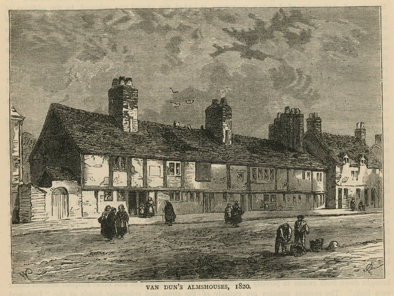 Gesamtansicht der Van Duns Armenhäuser von English School