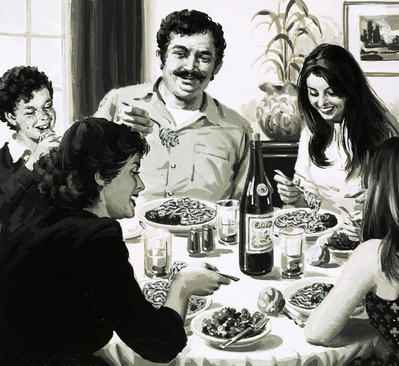 Italienische Familie isst Spaghetti zum Abendessen von English School