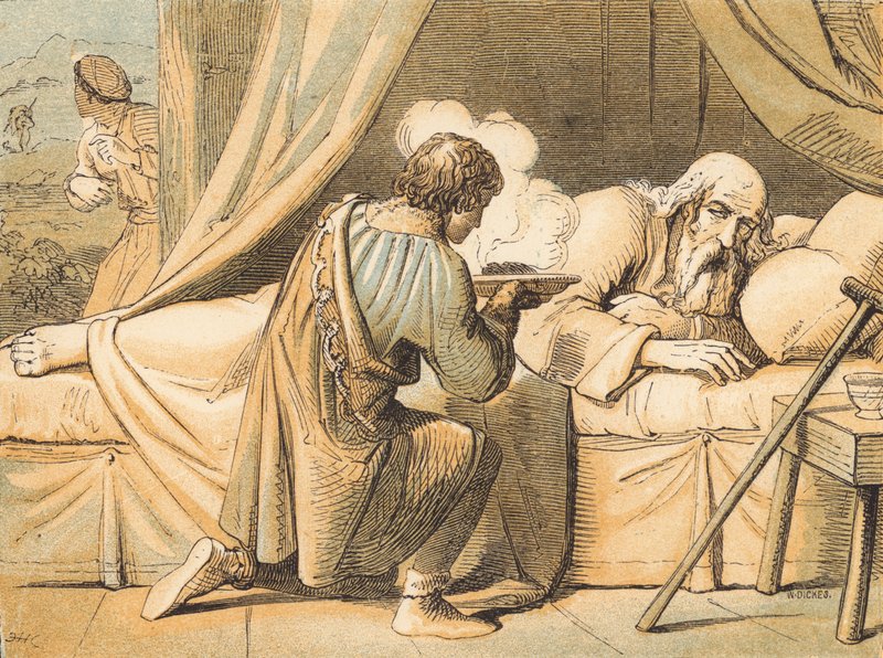 Jakob täuscht seinen Vater Isaak (farbige Gravur) von English School