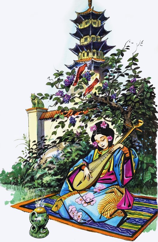 Japanisches Mädchen im Garten von English School