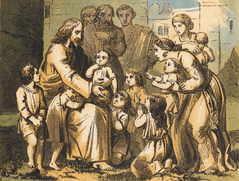 Jesus segnet kleine Kinder (farbige Gravur) von English School