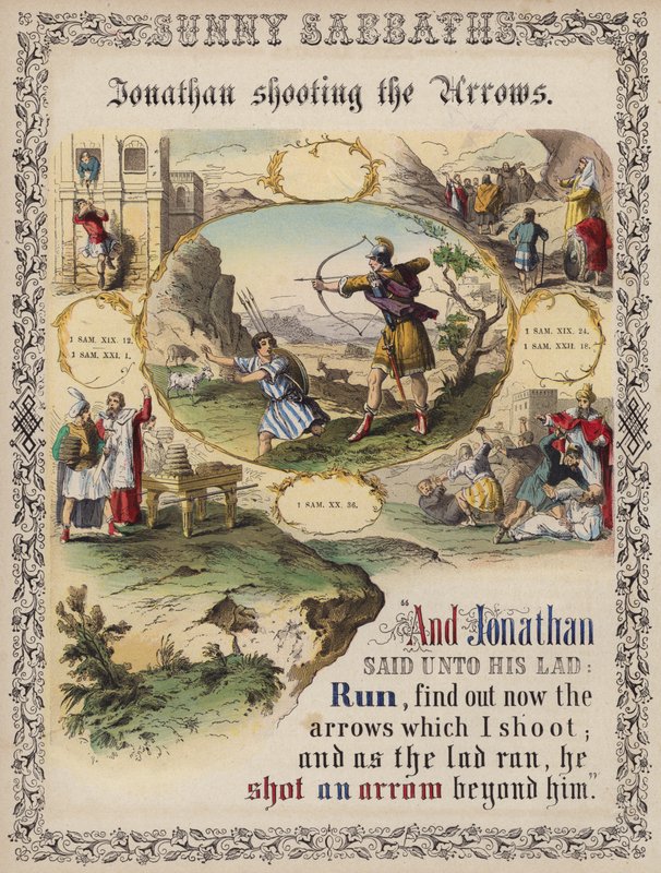 Jonathan schießt die Pfeile (farbige Gravur) von English School