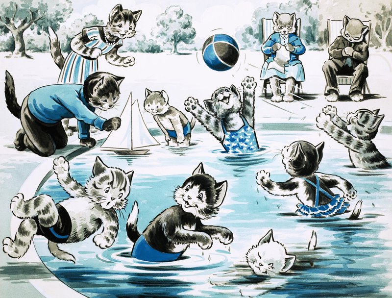 Kätzchen spielen in einem Teich von English School
