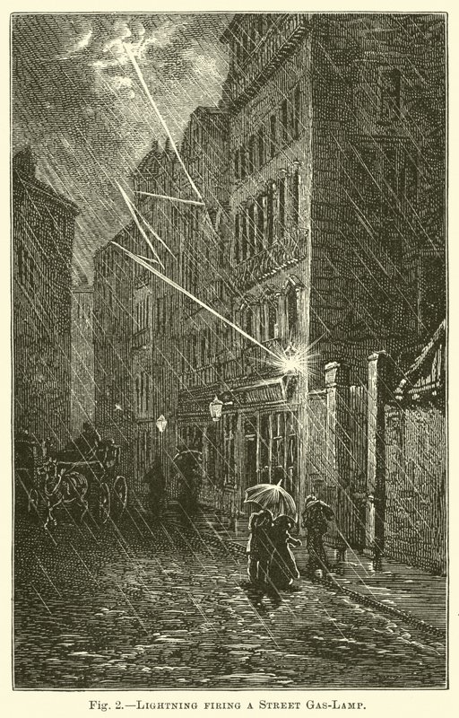 Blitz, der eine Straßenlaterne entzündet von English School