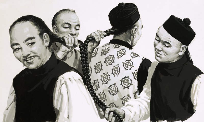 Messen der Zöpfe eines Chinesen von English School