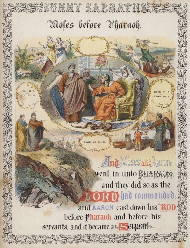 Moses vor dem Pharao (farbige Gravur) von English School