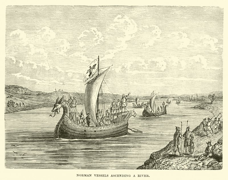 Normannische Schiffe auf einem Fluss von English School