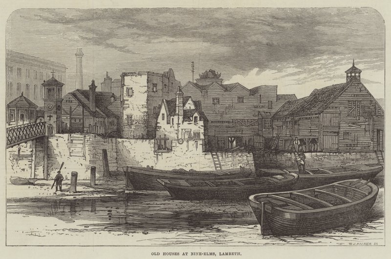 Alte Häuser in Nine-Elms, Lambeth (Gravur) von English School