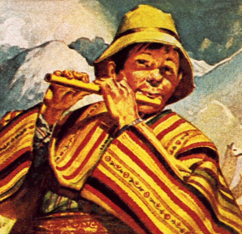 Peruanischer Mann spielt die Flöte von English School