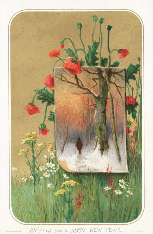 Mohnblumen und Gemälde, Neujahrskarte von English School