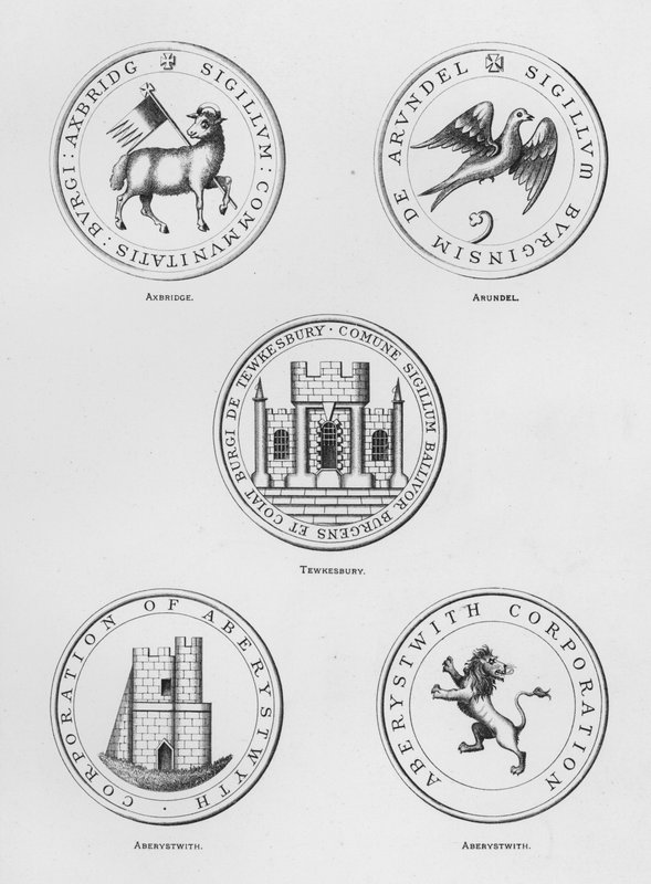 Wappen: Axbridge; Arundel; Tewkesbury; Aberystwith von English School