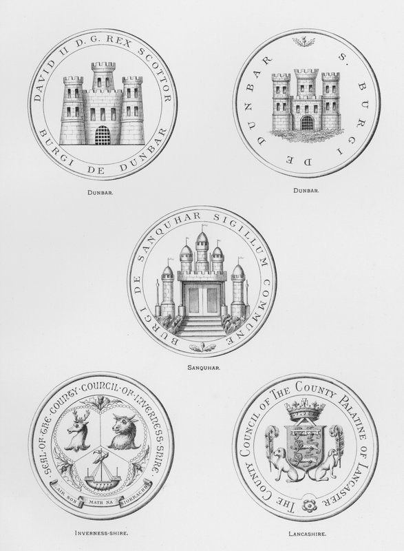 Wappen: Dunbar; Sanquhar; Inverness-shire; Lancashire von English School