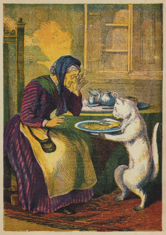 Der Kater bringt Fisch (Farblithografie) von English School