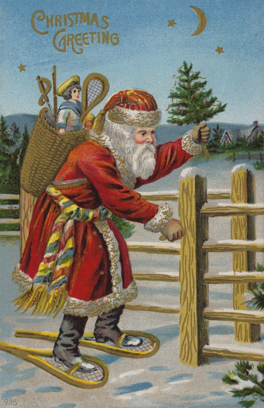 Weihnachtsmann auf Schneeschuhen (Chromolitho) von English School