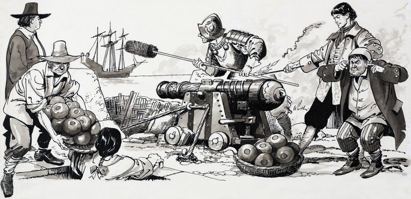 Soldaten feuern eine Kanone ab von English School