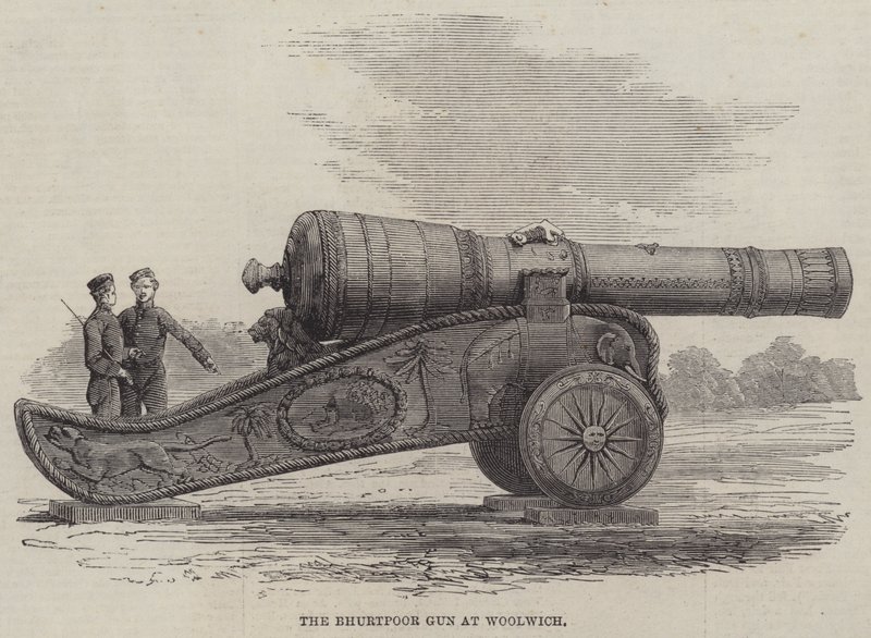 Die Bhurtpoor-Kanone in Woolwich (Stich) von English School