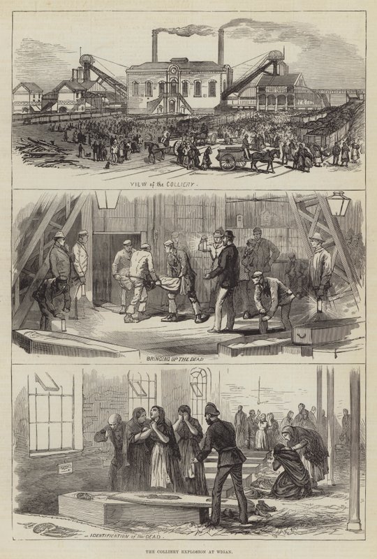 Die Grubenexplosion in Wigan (Stich) von English School