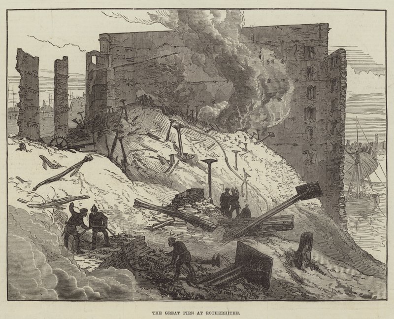 Das große Feuer in Rotherhithe (Gravur) von English School