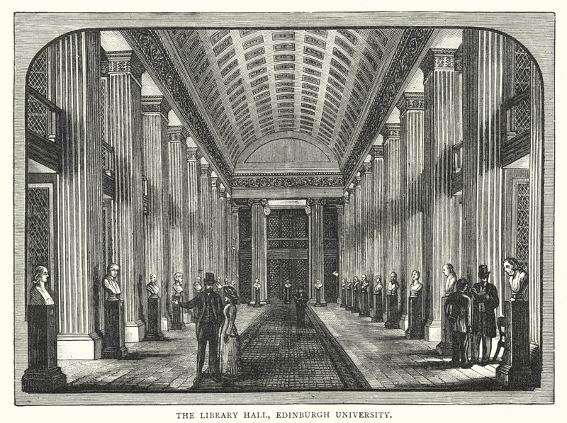Die Bibliothekshalle, Universität Edinburgh (Stich) von English School