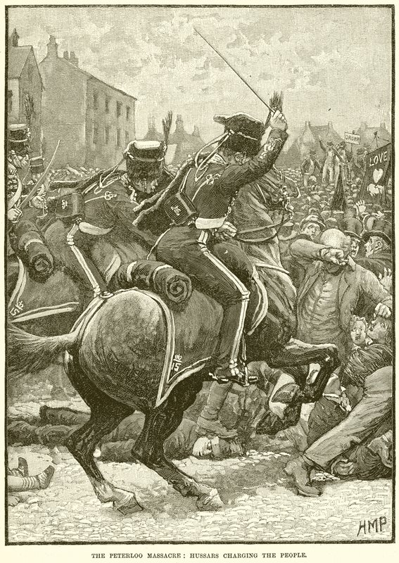 Das Peterloo-Massaker: Husaren greifen das Volk an von English School