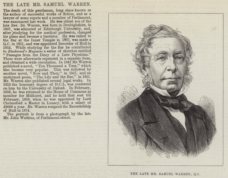 Der verstorbene Mr. Samuel Warren, QC (Stich) von English School