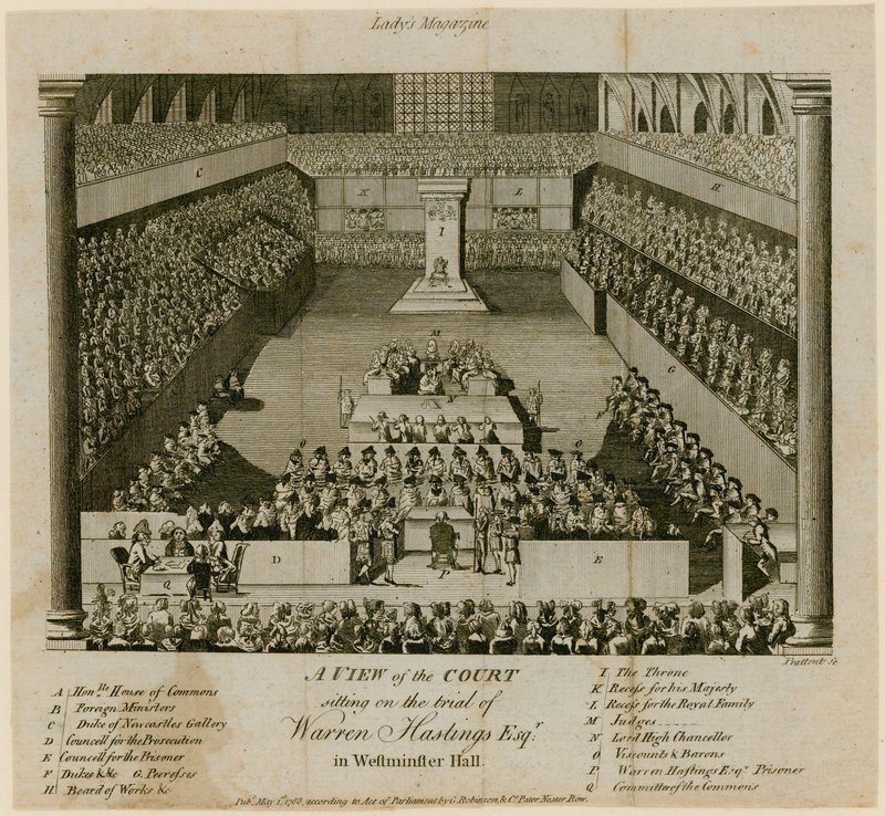 Prozess von Warren Hastings in der Westminster Hall von English School