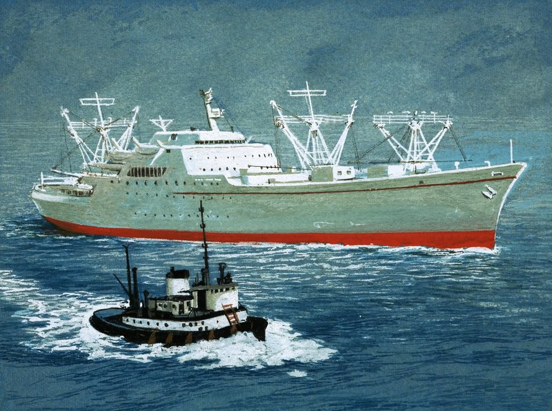 Unidentifiziertes Boot und Schlepper von English School
