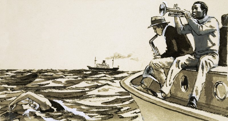 Unidentifizierte Jazzspieler auf einem Boot von English School