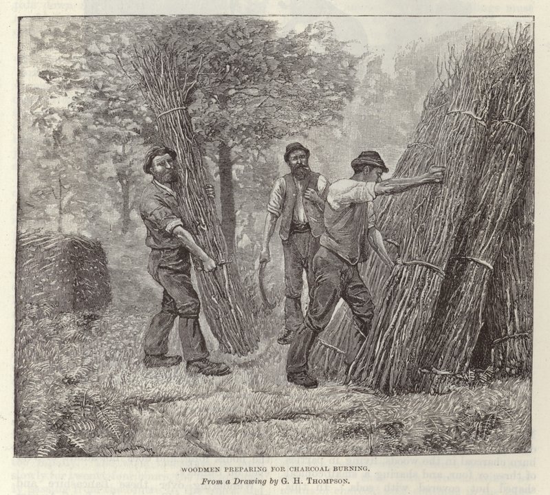 Holzfäller bereiten sich auf das Kohlenbrennen vor von English School