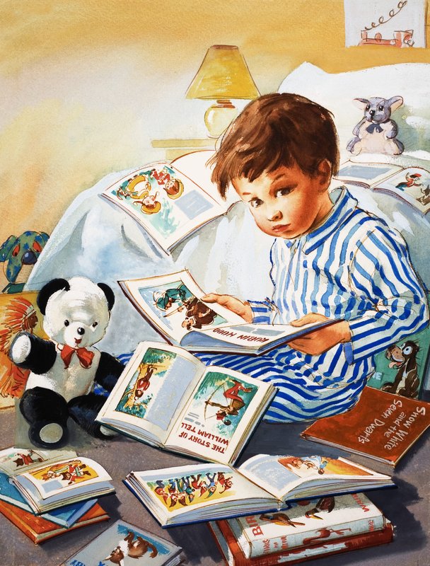 Junger Junge liest Geschichtenbücher von English School