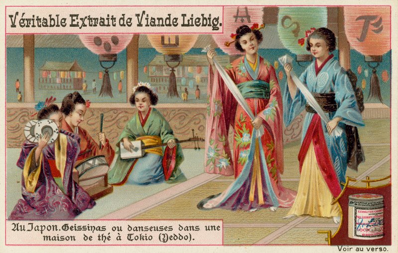 Geishas tanzen in einem Teehaus in Tokio von European School