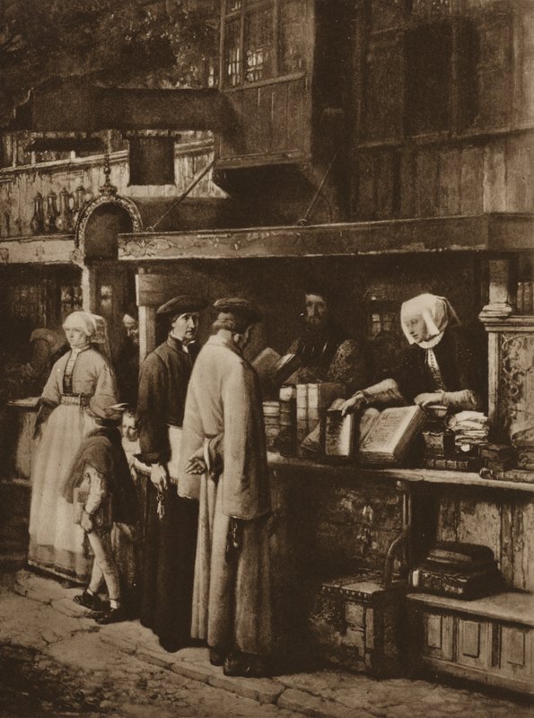 Szene in einer Buchhandlung (Lithografie) von European School